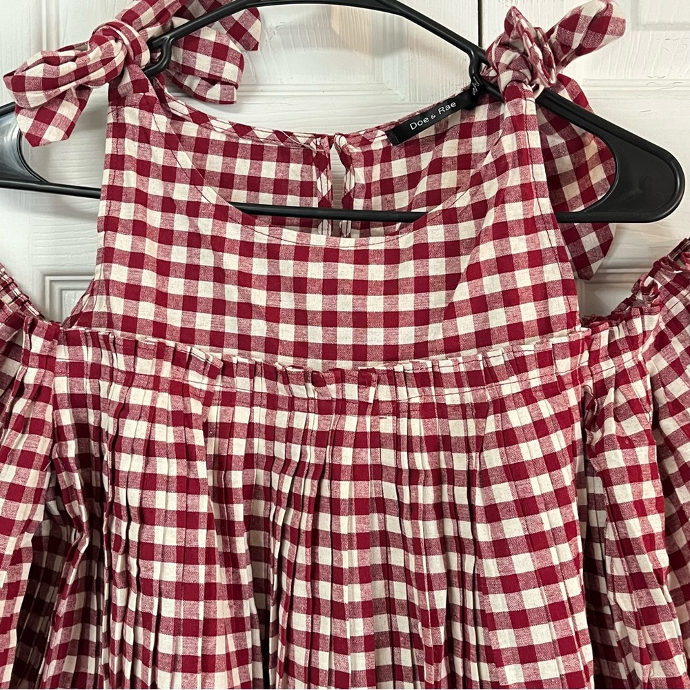 DOE & RAE Red and White Gingham Checked Cold Shoulder Butterfly Sleeve Blouse - Picture 8 of 17